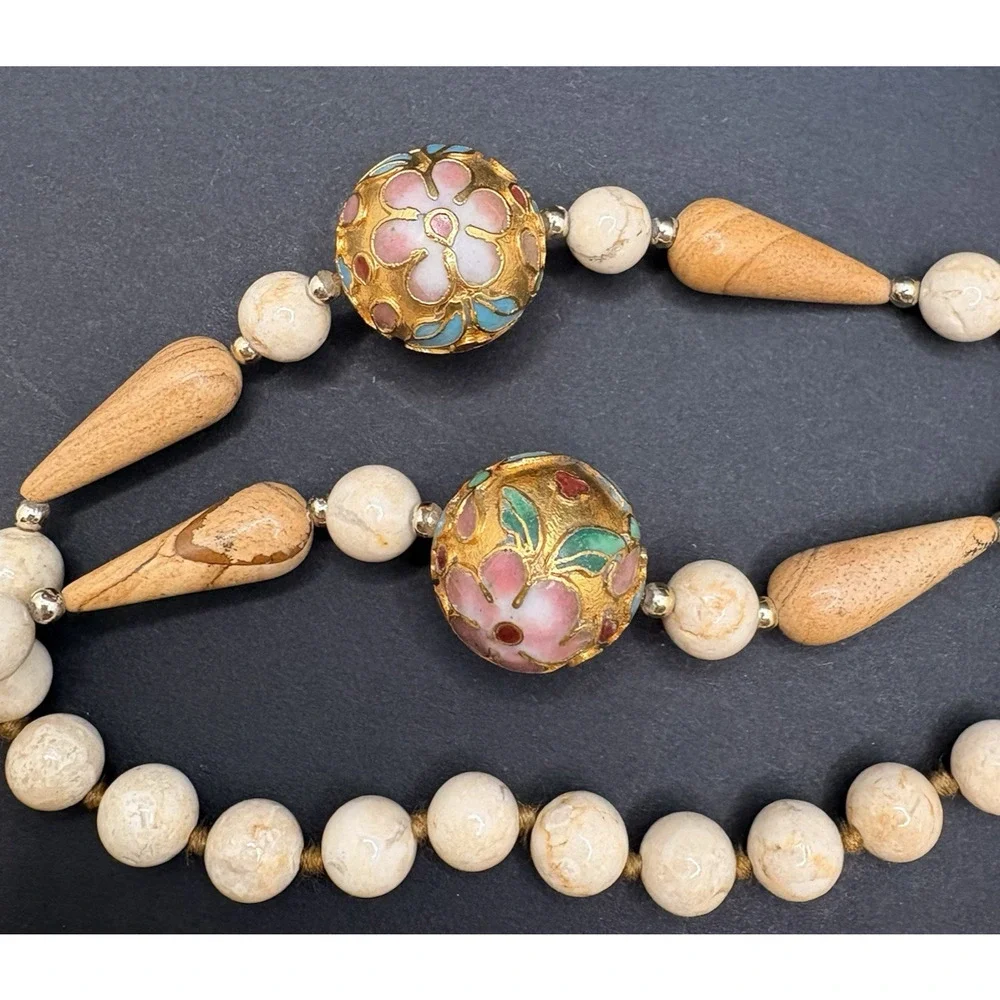 Vintage Cloisonné Floral Marbled Stone Wood Beige Knotted Necklace 34